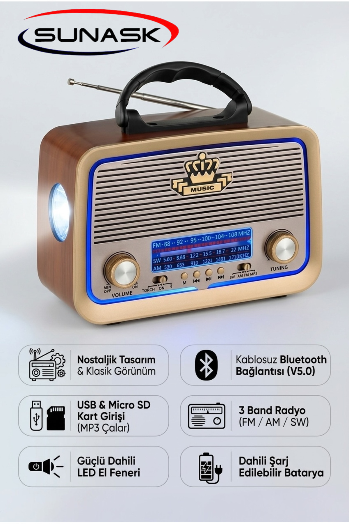 Sunask Sn-301 Bluetooth’lu Ledli Nostaljik Görünümlü Müzik Kutusu Usb Sd Kart Radyo Mp3 Çalar El Feneri