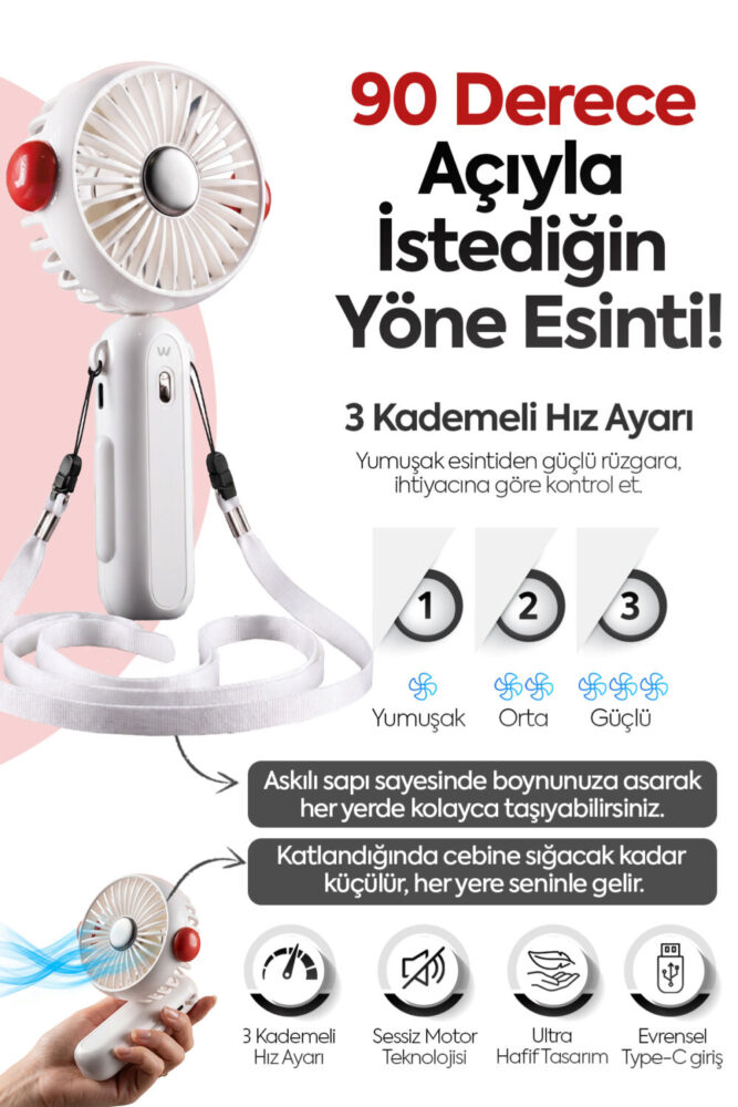 CLNK Katlanabilir Turbo Üflemeli Boyun Askılı Fan 3 Güç Kademesi Dayanıklı Mini El Masa Fanı Vantilatör - Görsel 2