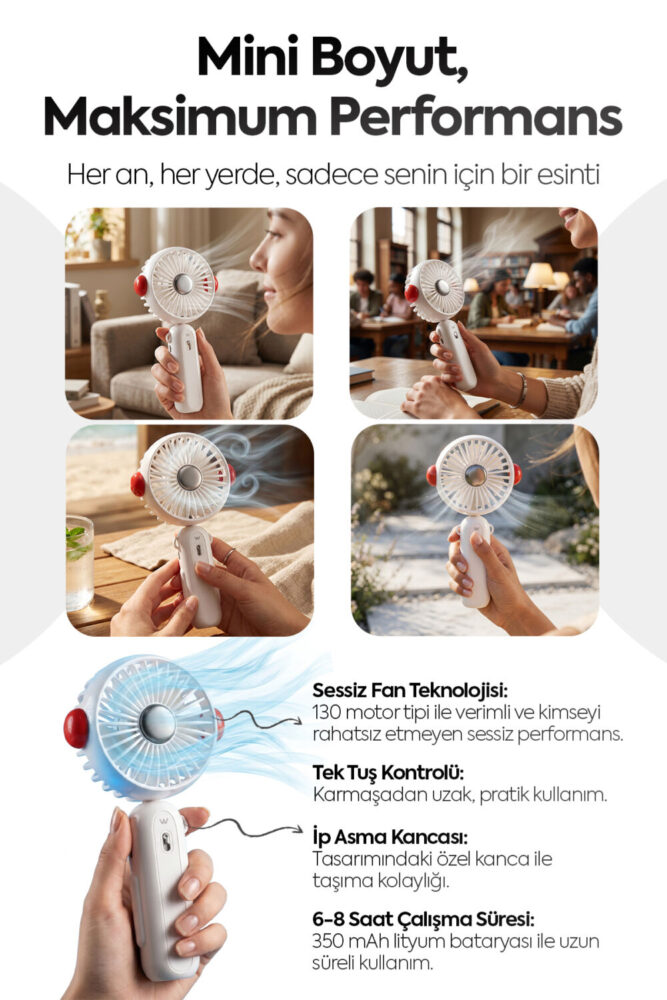 CLNK Katlanabilir Turbo Üflemeli Boyun Askılı Fan 3 Güç Kademesi Dayanıklı Mini El Masa Fanı Vantilatör - Görsel 3