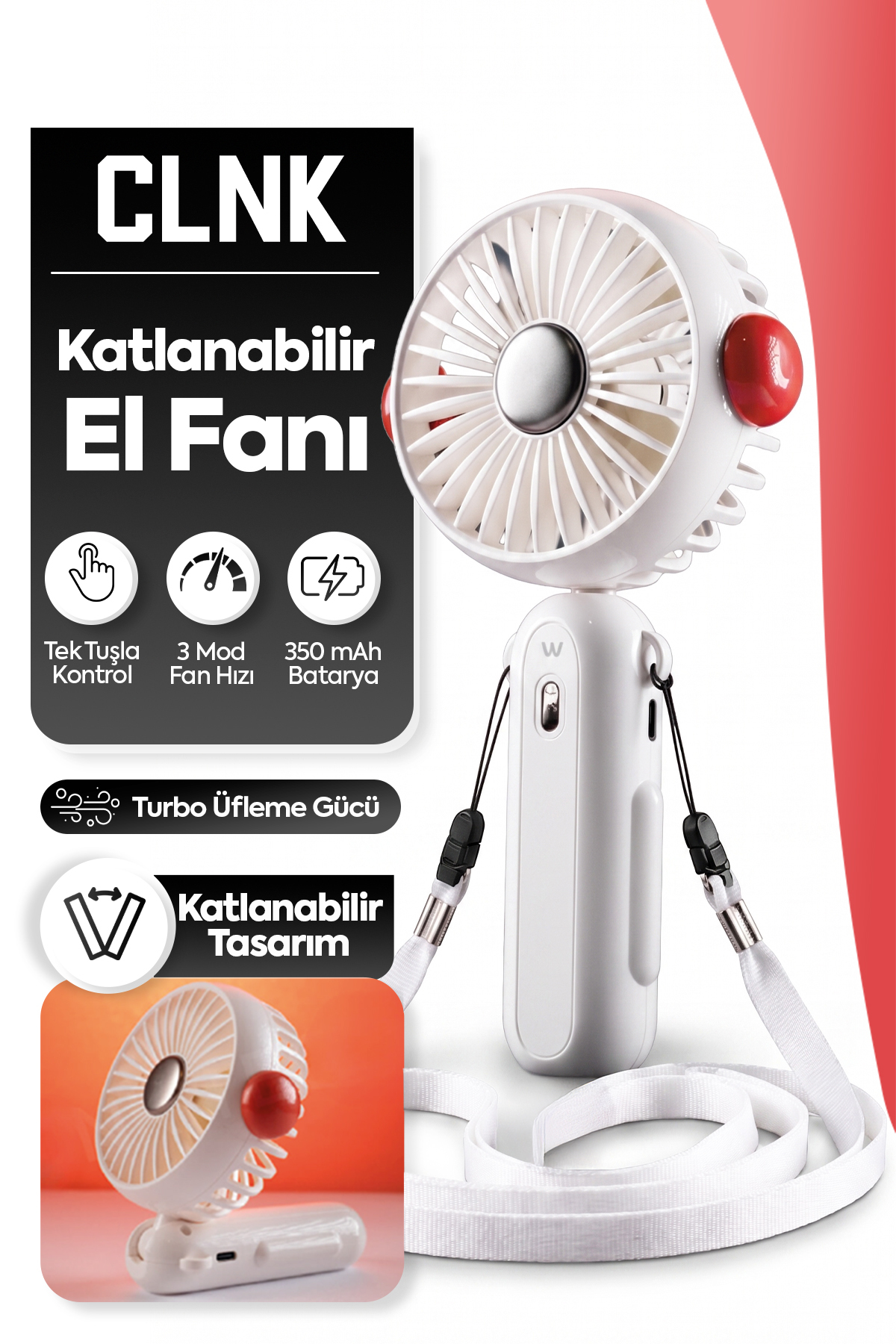 CLNK Katlanabilir Turbo Üflemeli Boyun Askılı Fan 3 Güç Kademesi Dayanıklı Mini El Masa Fanı Vantilatör