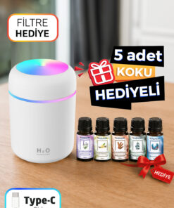 Nazalya +5 Adet Koku Hediyeli Ultrasonik Oda ve Araç Hava Nemlendirici Buhar Makinesi Ve Aroma Difüzörü Koku