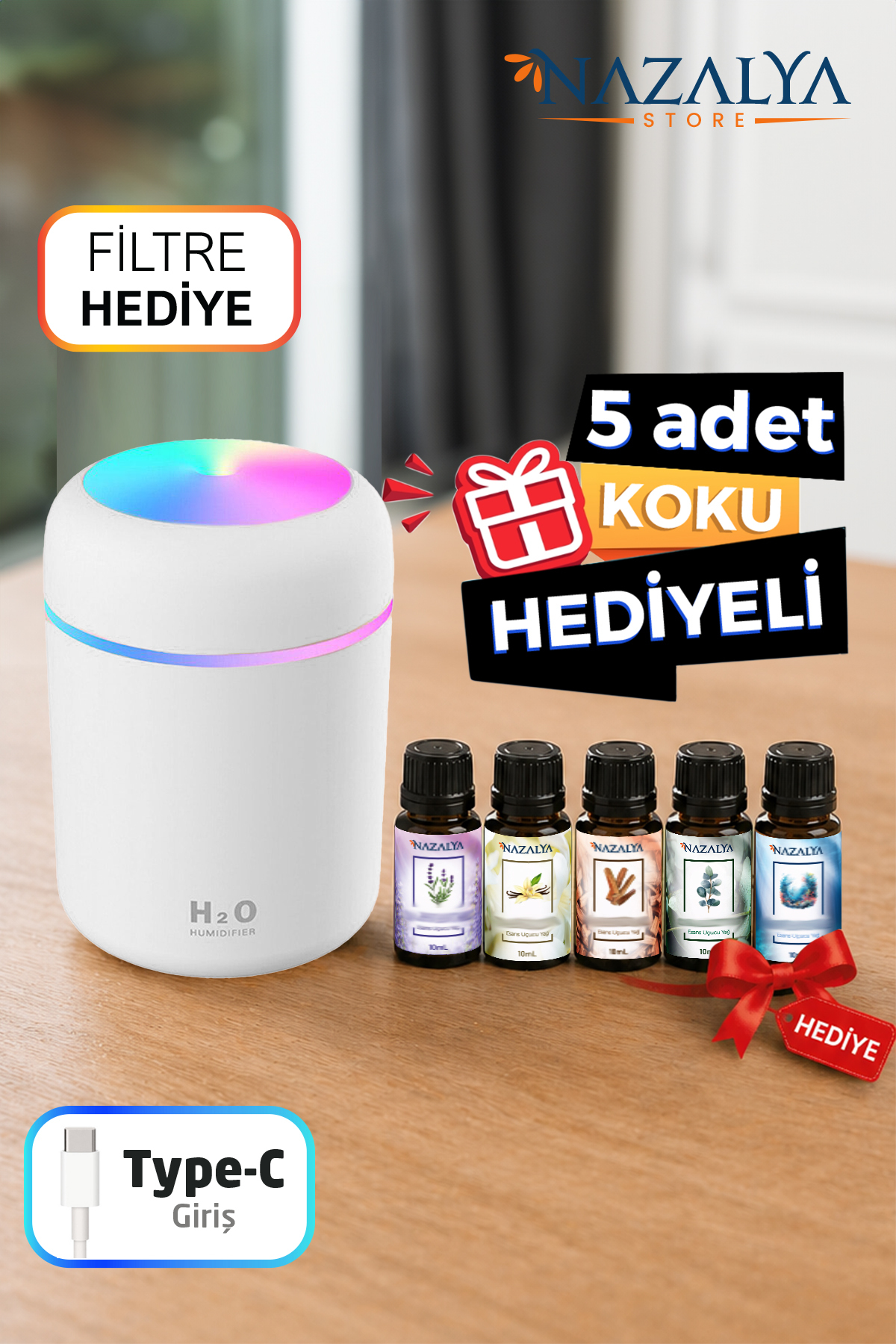 Nazalya +5 Adet Koku Hediyeli Ultrasonik Oda ve Araç Hava Nemlendirici Buhar Makinesi Ve Aroma Difüzörü Koku