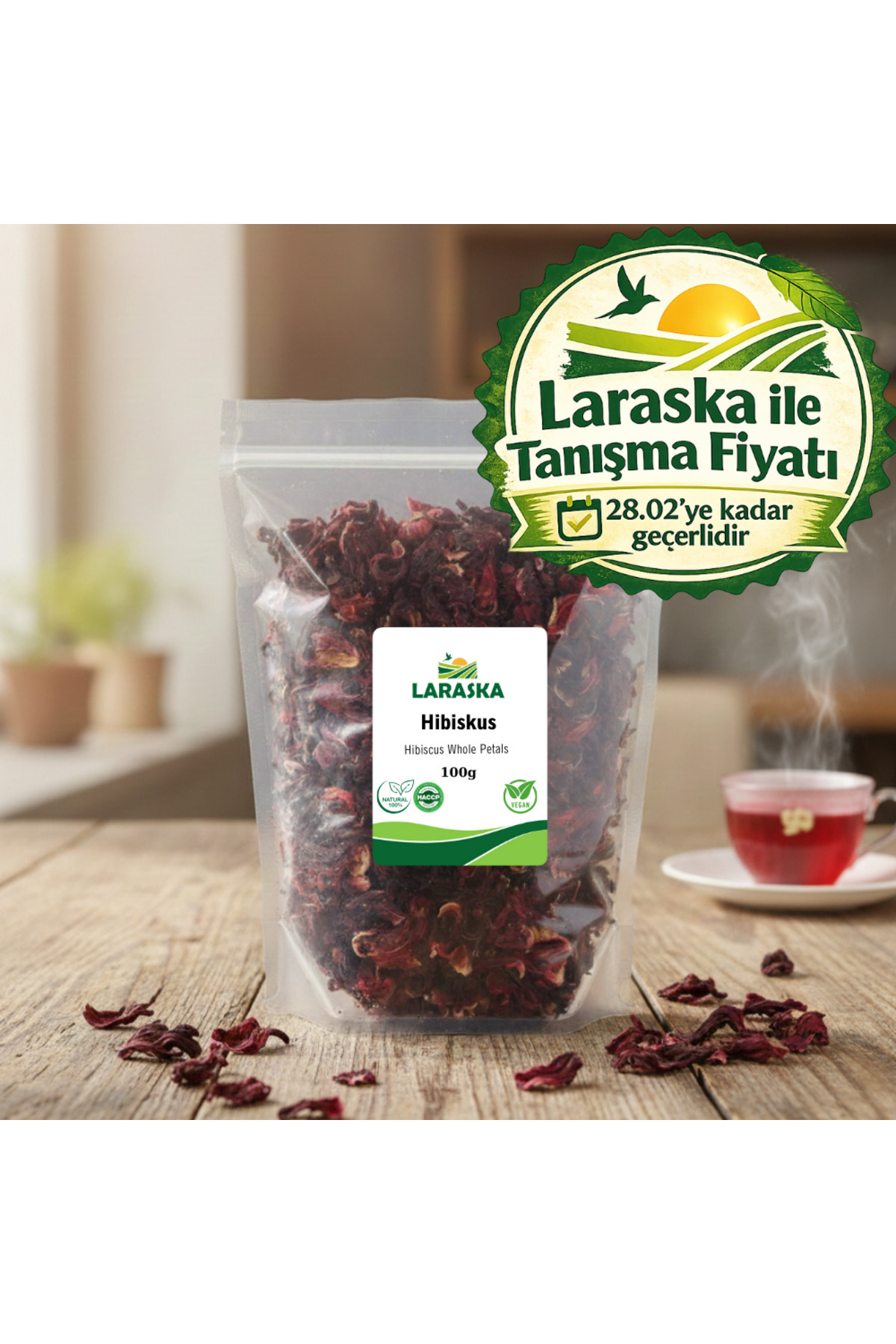 Laraska Organik Hibiskus Çayı - Nar Çiçeği - Bamya Çiçeği - Hibiscus Tea Whole 100g