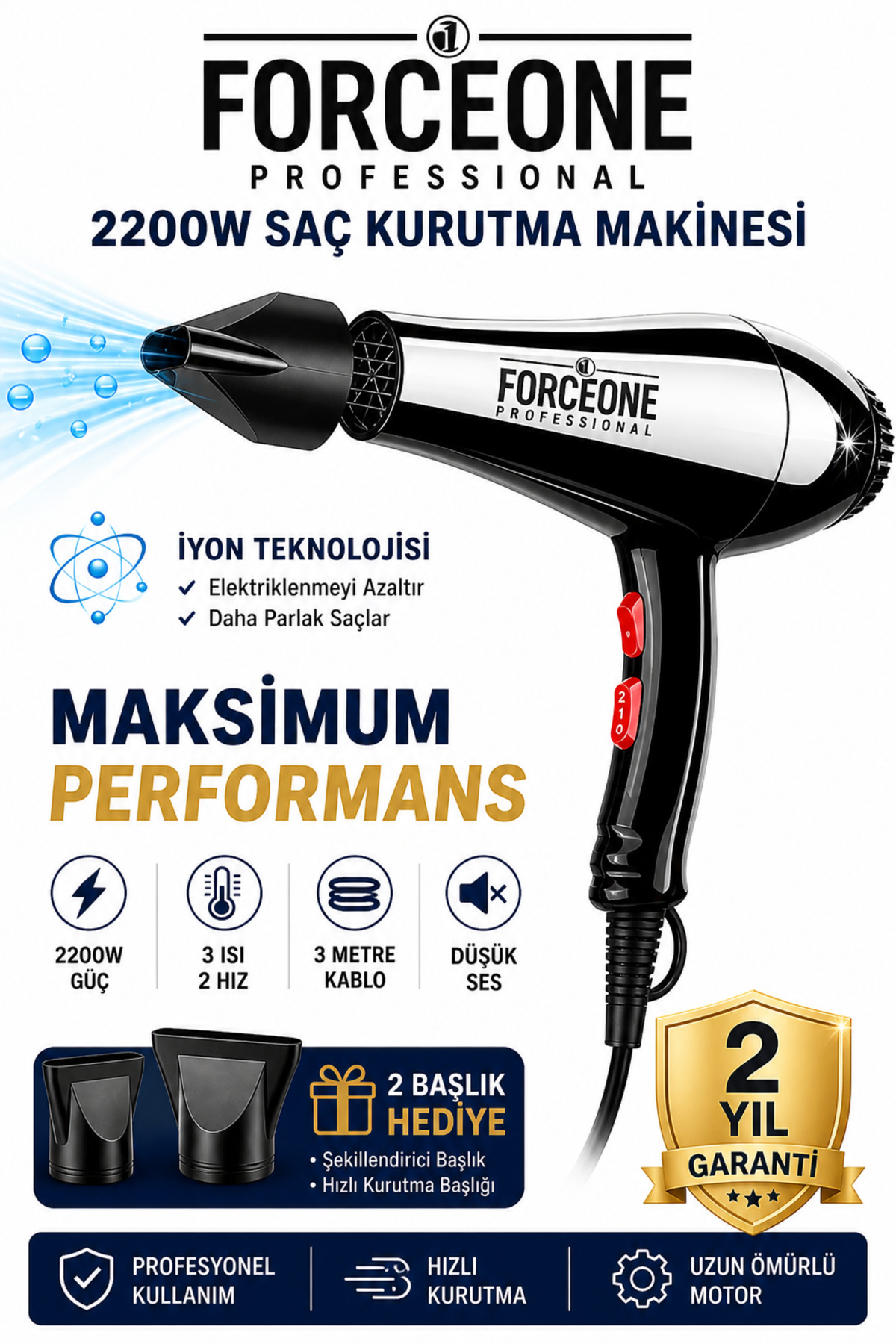 FORCEONE Kuaför Tipi Pro 5500 Turbo Profesyonel Saç Krutma Ve Fön Makinesi Saç Spreyi Ve Firça Hediye - Görsel 3