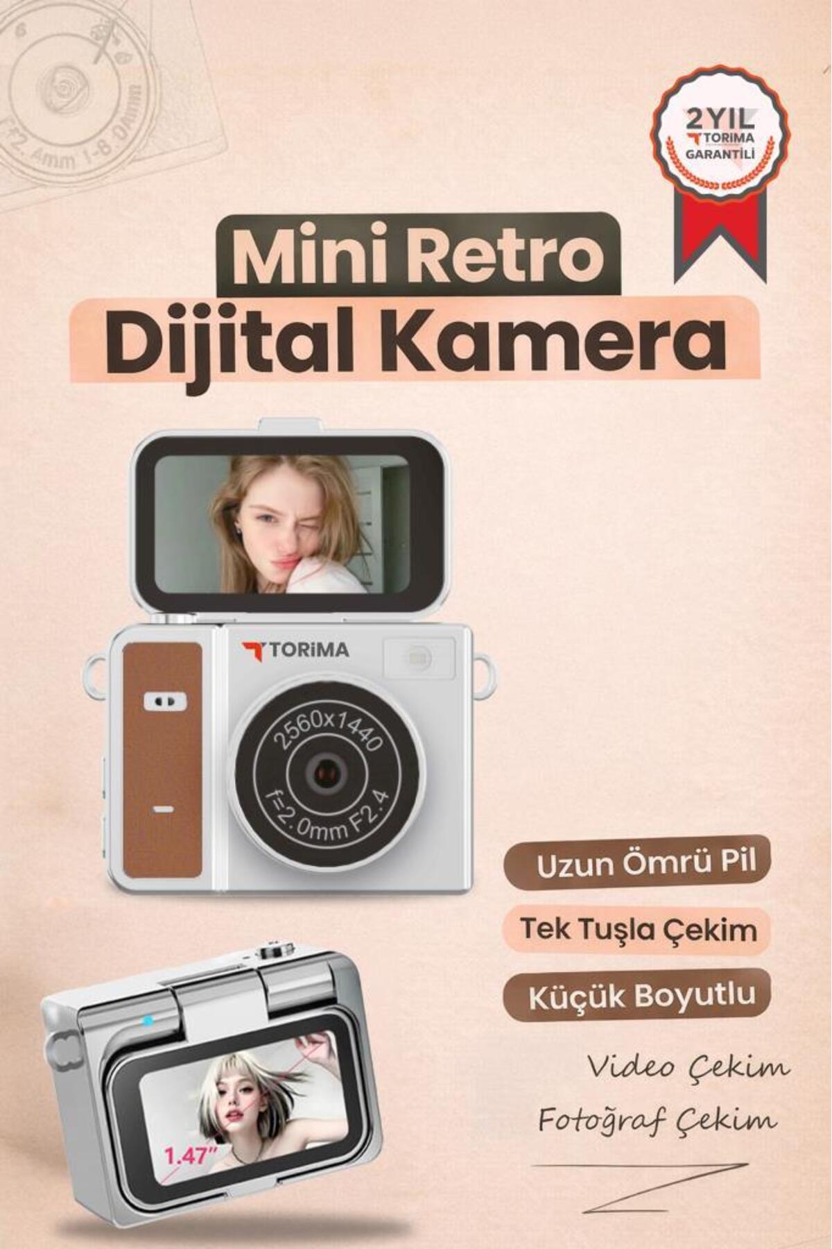 Torima Mini Dijital Kamera 2K Flip Ekranlı Selfie Video Vlog Kamerası CMR46 Kahverengi