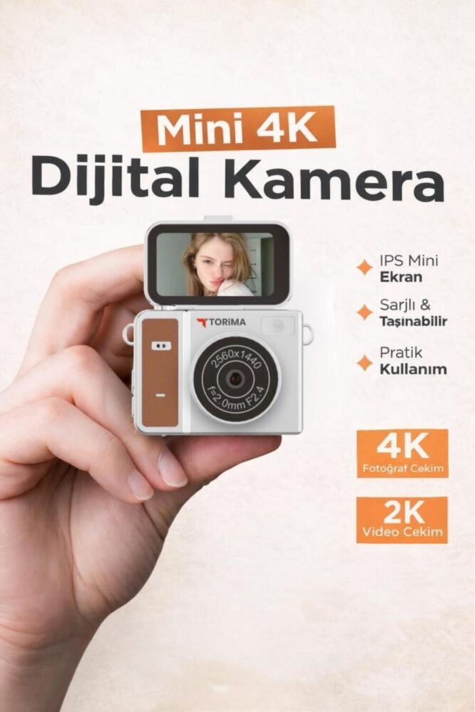 Torima Mini Dijital Kamera 2K Flip Ekranlı Selfie Video Vlog Kamerası CMR46 Kahverengi - Görsel 2