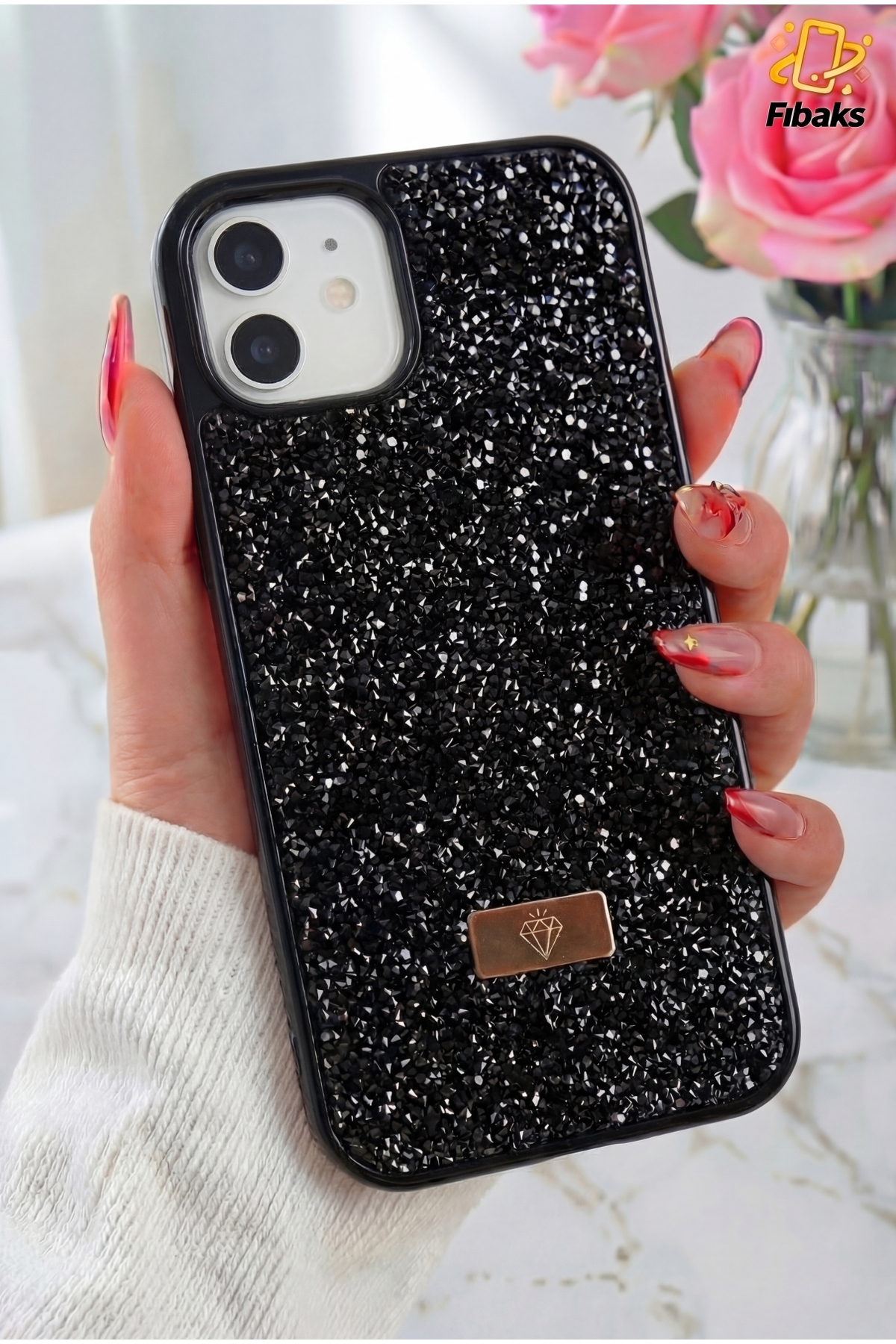 Fibaks iPhone 11 Kılıf Içi Kadife Elmas Tasarımlı Siyah Taşlı Işıltılı Pırlanta Silikon Kapak