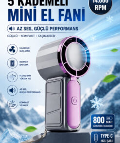 mimtec Taşınabilir Mini El Fanı - 800mAh USB Sarjlı Soğutucu 5 Kademeli Mini Vanitalatör Gri - Görsel 3