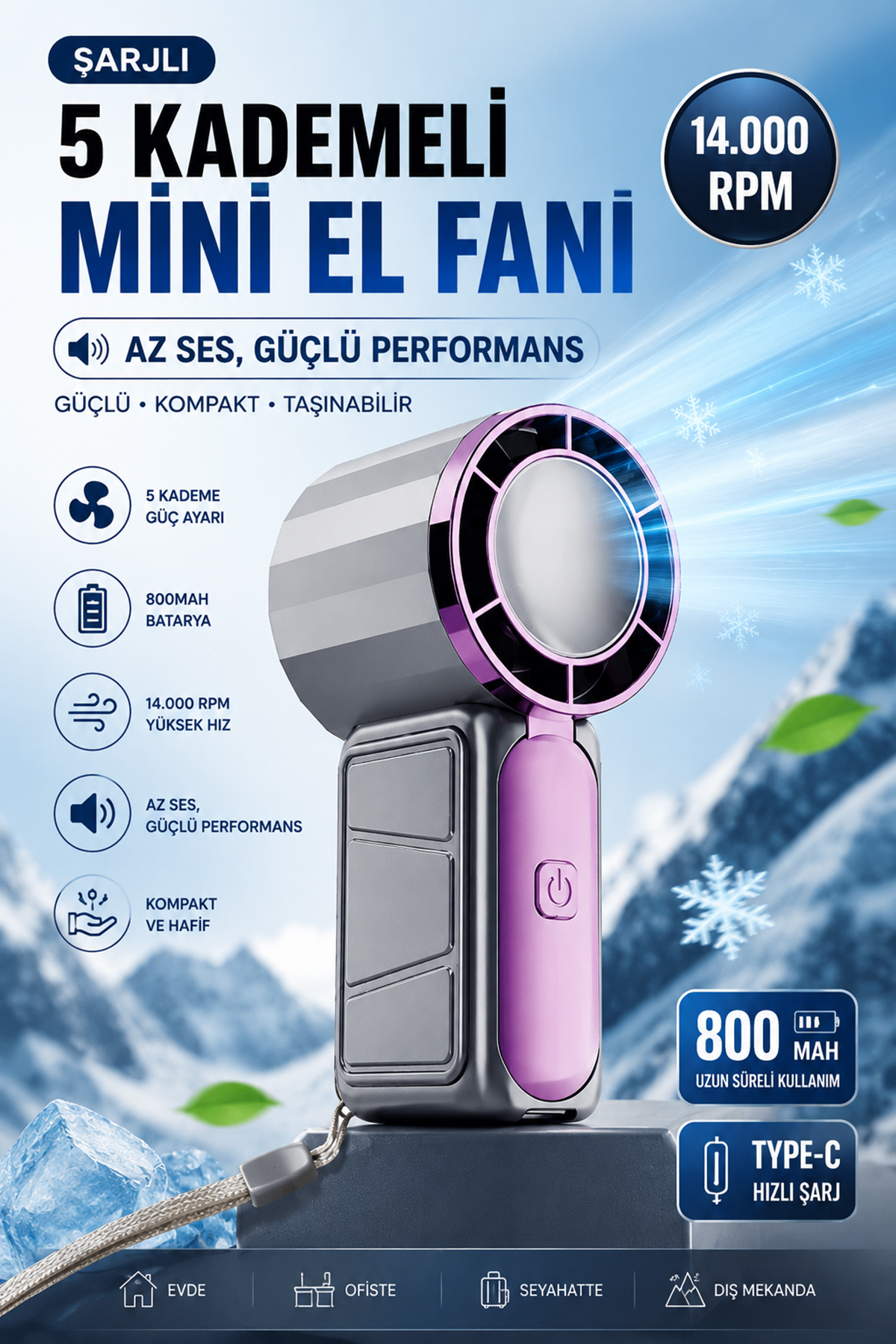 mimtec Taşınabilir Mini El Fanı - 800mAh USB Sarjlı Soğutucu 5 Kademeli Mini Vanitalatör Gri - Görsel 3
