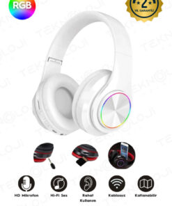 Teknoloji Gelsin Kablosuz Bluetooth Mikrofonlu Kulaküstü Kulaklık Led Işıklı Katlanabilir Beyaz