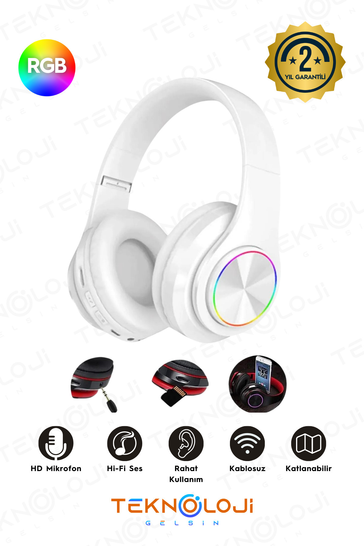 Teknoloji Gelsin Kablosuz Bluetooth Mikrofonlu Kulaküstü Kulaklık Led Işıklı Katlanabilir Beyaz
