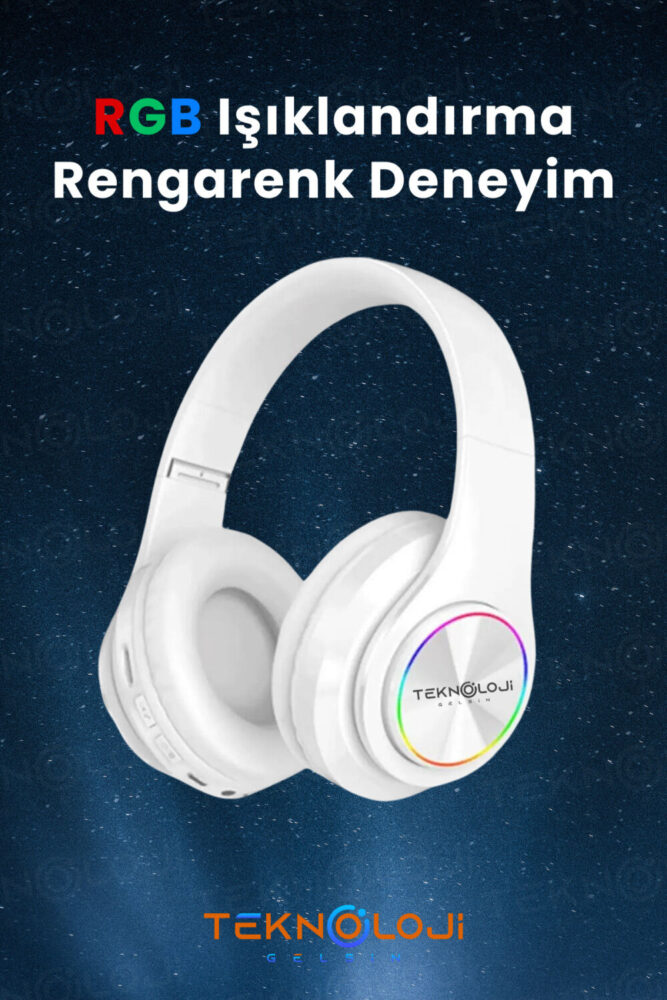 Teknoloji Gelsin Kablosuz Bluetooth Mikrofonlu Kulaküstü Kulaklık Led Işıklı Katlanabilir Beyaz - Görsel 2