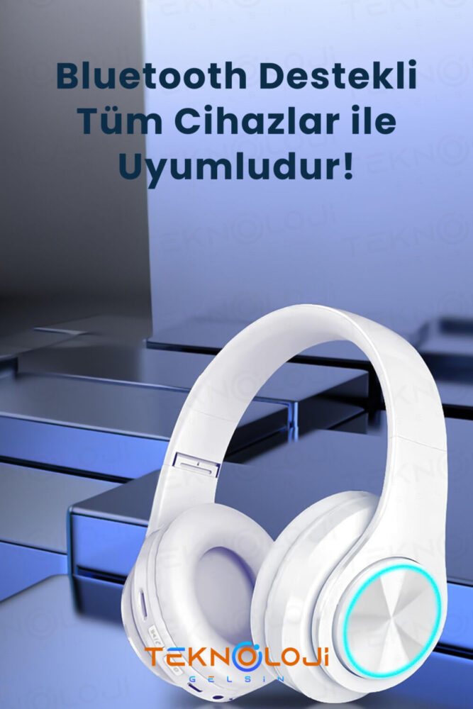 Teknoloji Gelsin Kablosuz Bluetooth Mikrofonlu Kulaküstü Kulaklık Led Işıklı Katlanabilir Beyaz - Görsel 3