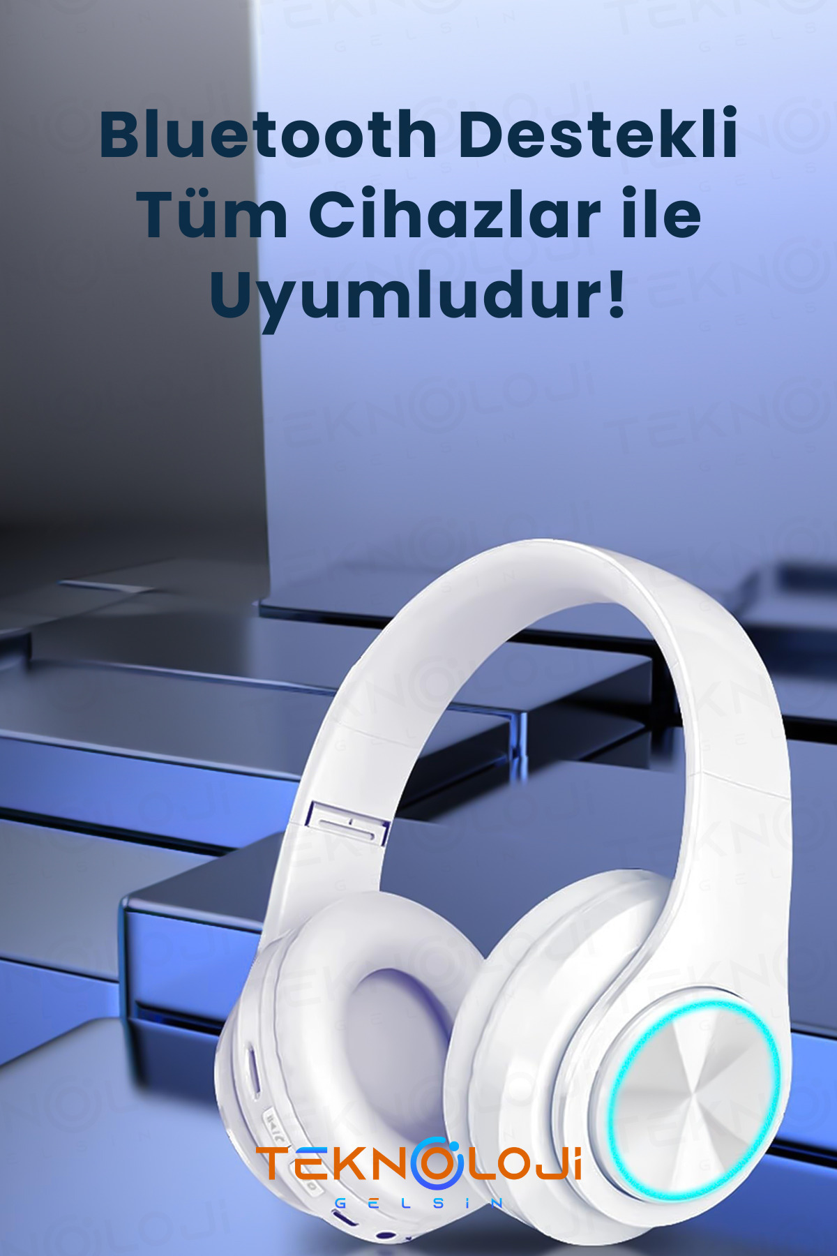 Teknoloji Gelsin Kablosuz Bluetooth Mikrofonlu Kulaküstü Kulaklık Led Işıklı Katlanabilir Beyaz - Görsel 3
