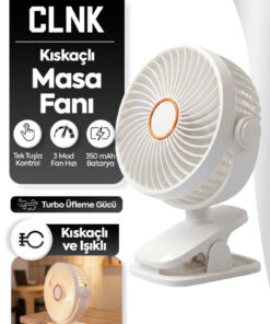 CLNK Kıskaçlı 3 Kademeli 360 Dönen Işıklı Sessiz Taşınabilir Fan Vantila Masa Fanı Şarjlı Soğutucu