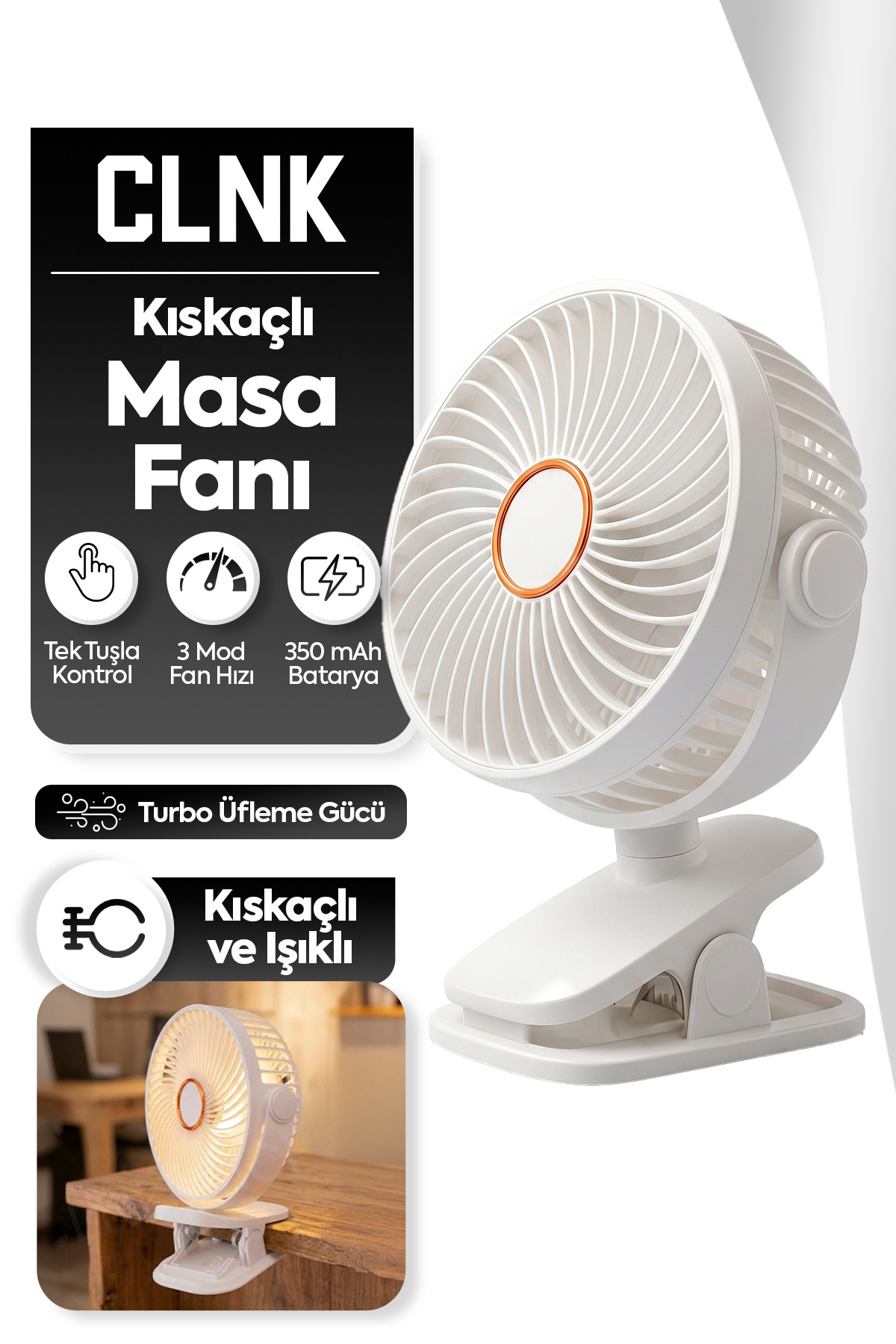 CLNK Kıskaçlı 3 Kademeli 360 Dönen Işıklı Sessiz Taşınabilir Fan Vantila Masa Fanı Şarjlı Soğutucu