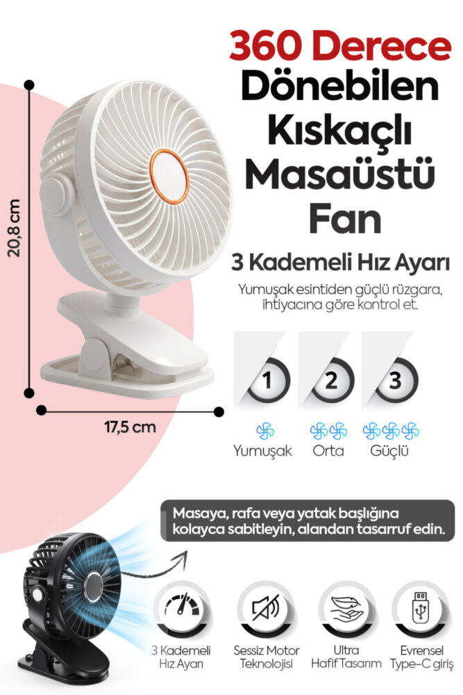CLNK Kıskaçlı 3 Kademeli 360 Dönen Işıklı Sessiz Taşınabilir Fan Vantila Masa Fanı Şarjlı Soğutucu - Görsel 2