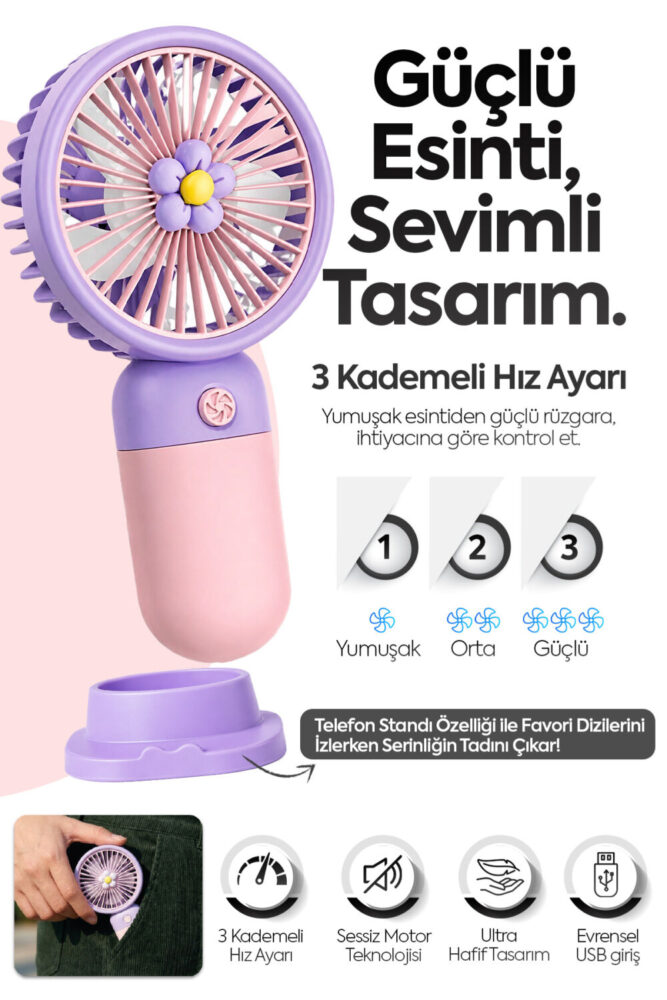 CLNK Yeşil Çiçek Tasarım 3 Kademe Sessiz Mini El Masa Fan Vantilatör Turbo Üfleme Kademe Taşınabilir Fan - Görsel 2