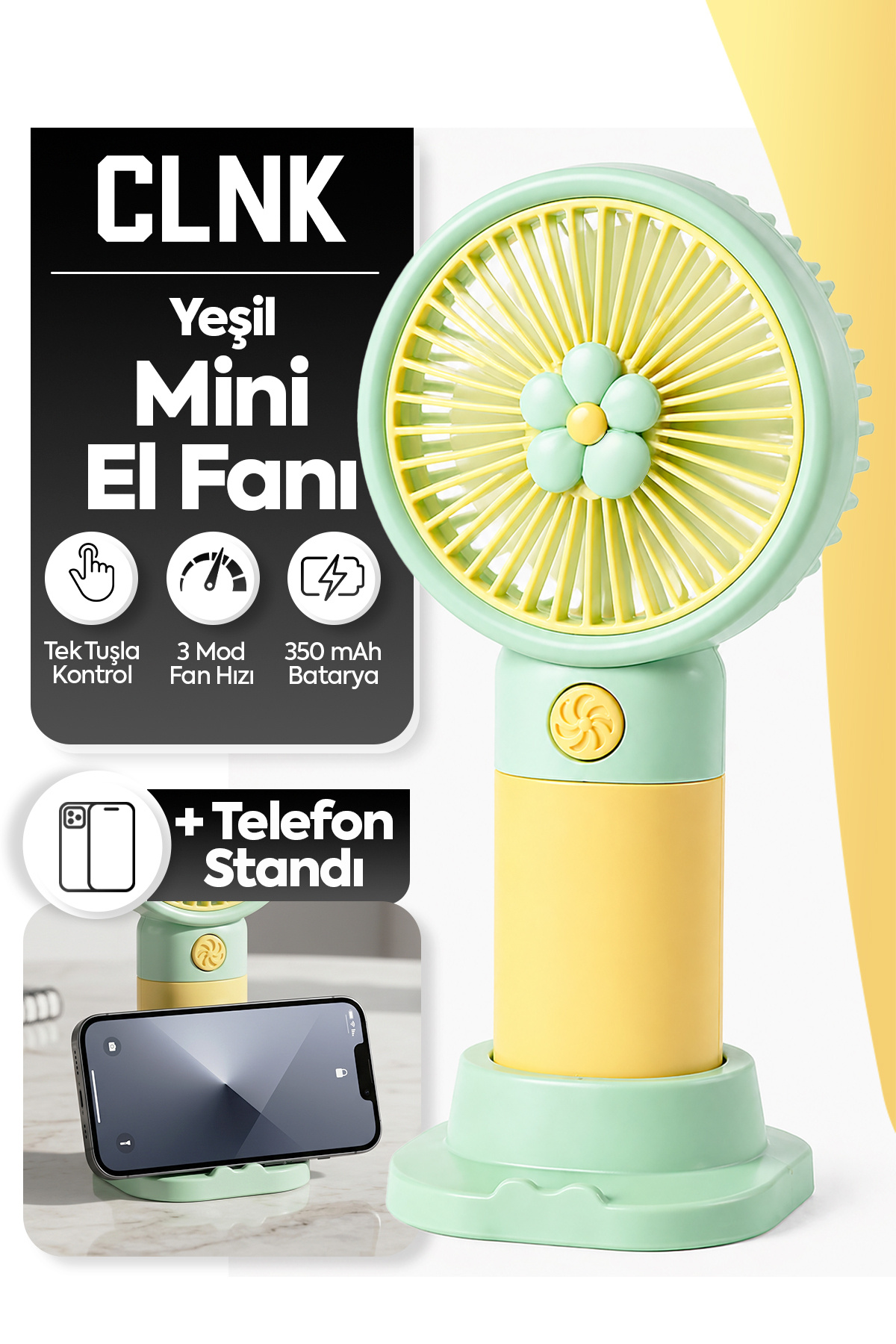 CLNK Yeşil Çiçek Tasarım 3 Kademe Sessiz Mini El Masa Fan Vantilatör Turbo Üfleme Kademe Taşınabilir Fan
