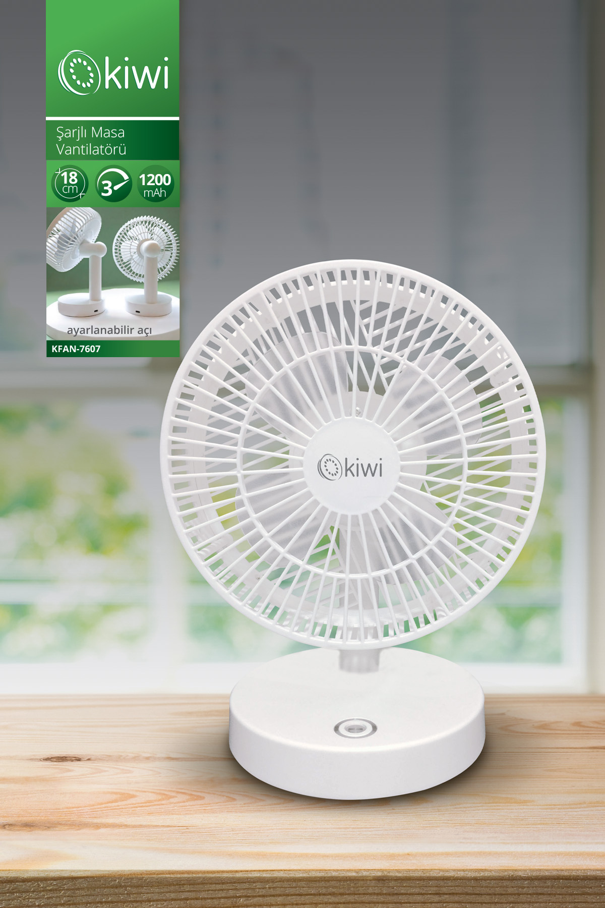 Kiwi Kfan-7607 Şarjlı Beyaz Ayarlanılabilir Mini Fan Masa Üstü Vantilatörü Usb Soğutucu Sessiz Fan