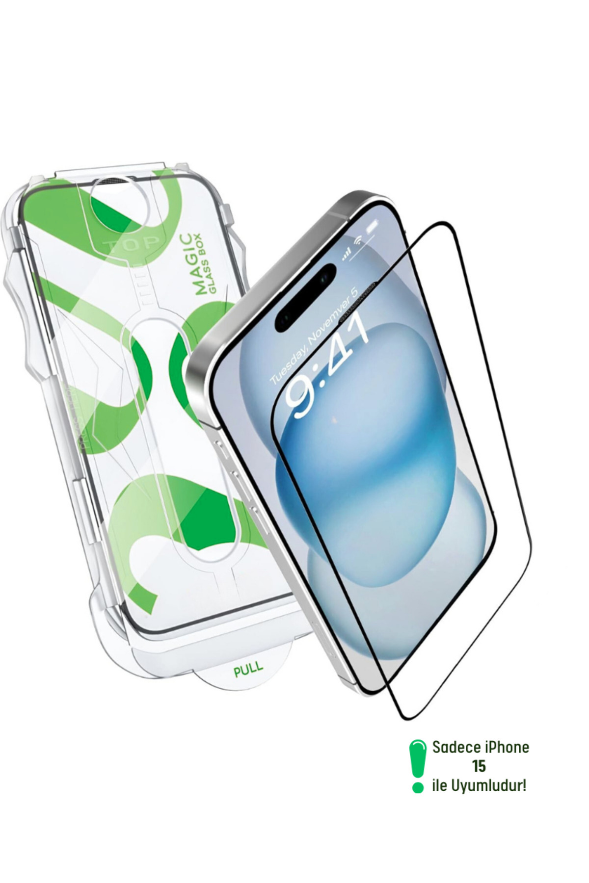 EVAX [e-Pro] iPhone 15 Uyumlu Kolay Kurulum Aparatlı 5D Platinum Tam Kaplayan Cam Ekran Koruyucu