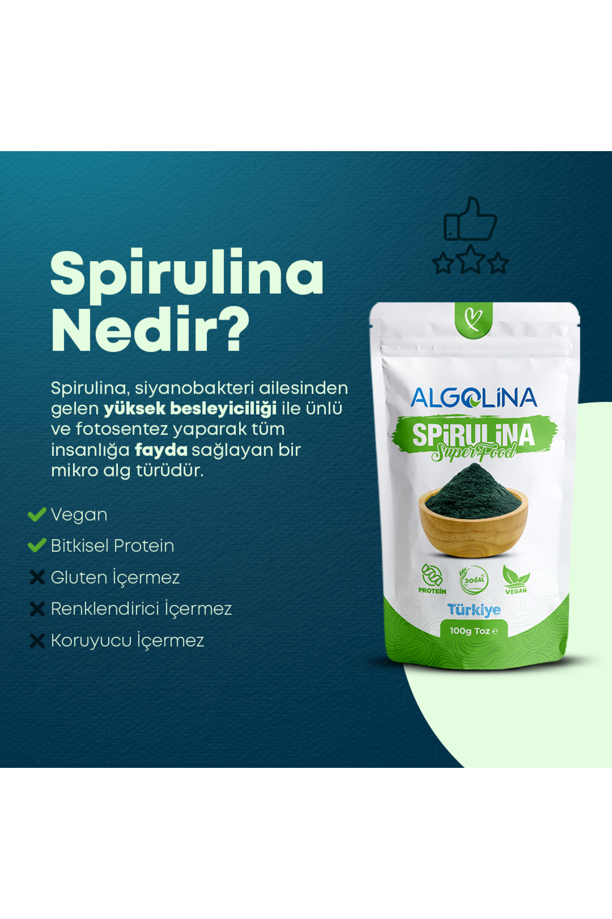Algolina Spirulina Tozu 100 gr – Doğal Bitkisel Protein - Doğal Diyet Takviyesi - Vegan Protein - Görsel 3