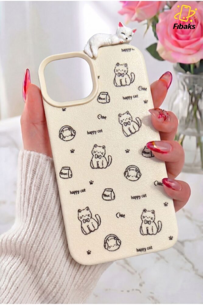 Fibaks iPhone 15/14/13 Kılıf 3D Uyuyan Kedi Figürlü Happy Cat Desenli Darbe Emici Esnek Silikon - Görsel 2