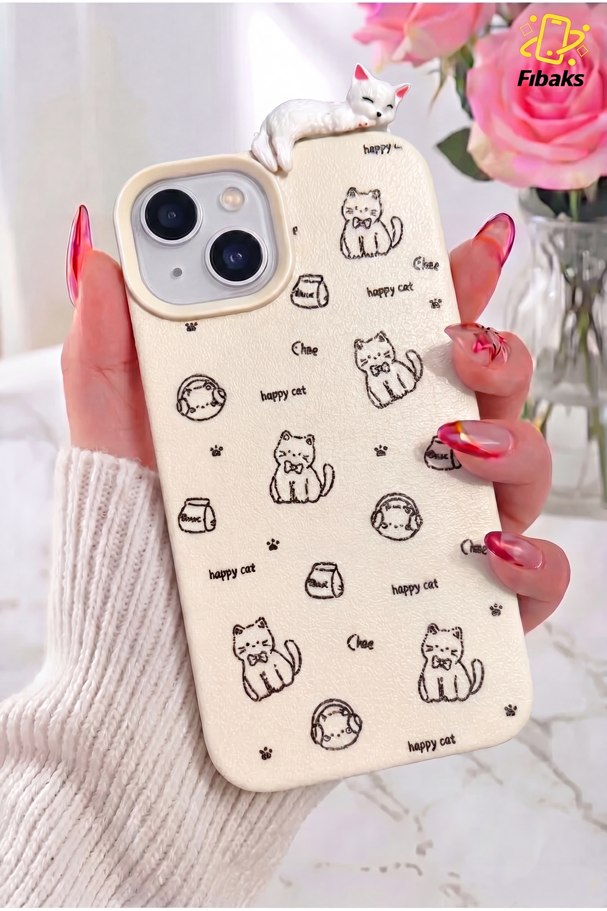 Fibaks iPhone 15/14/13 Kılıf 3D Uyuyan Kedi Figürlü Happy Cat Desenli Darbe Emici Esnek Silikon