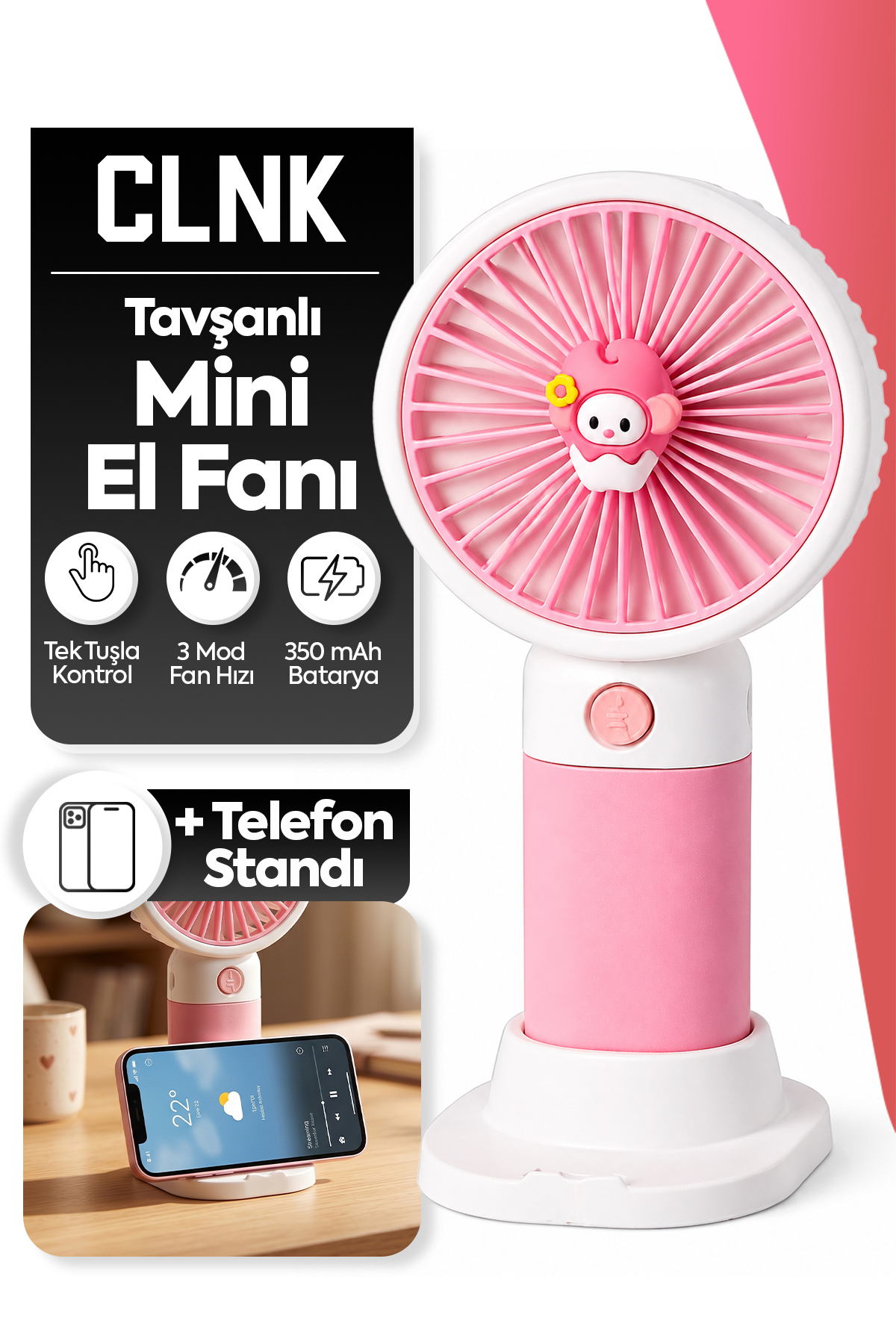 CLNK Tavşan Figürlü Tasarım 3 Kademeli Sessiz Mini El Masa Fan Vantilatör Turbo Üfleme Taşınabilir Fan