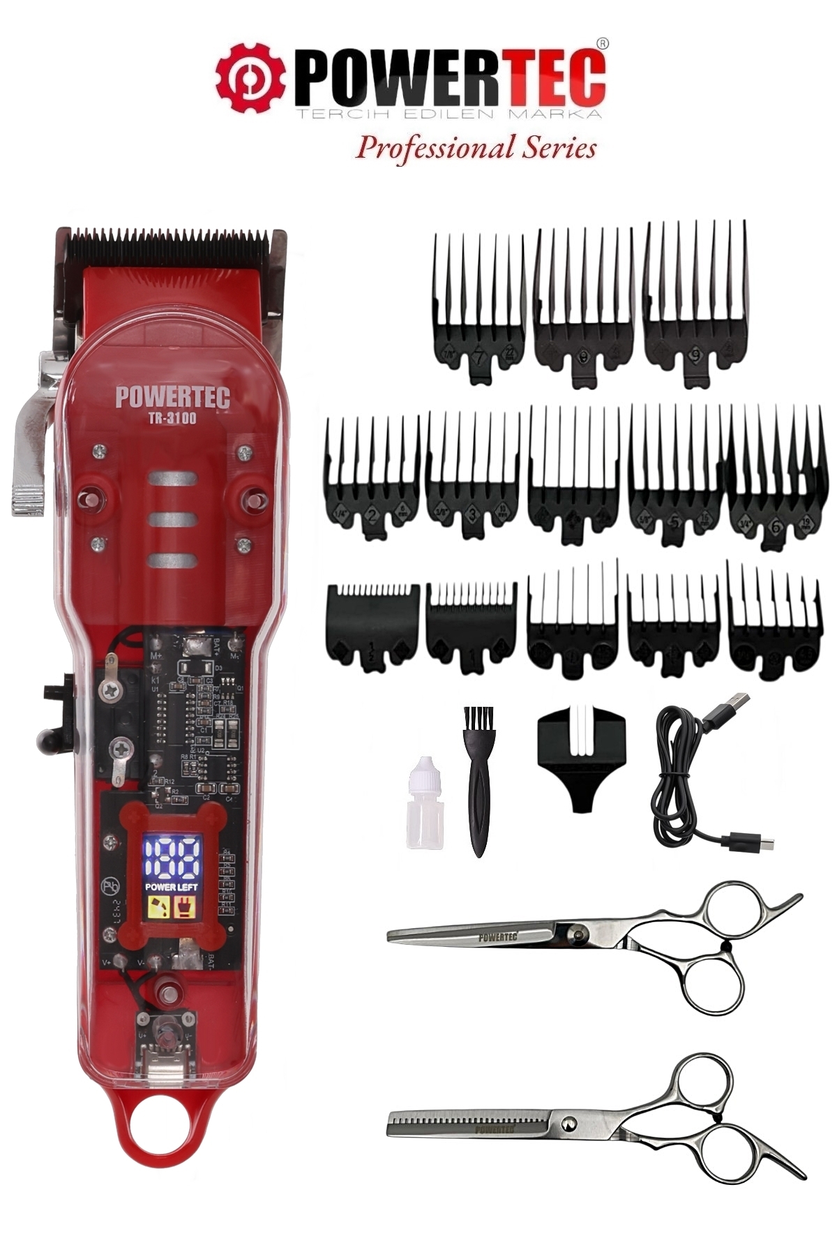 Powertec TR-3100 Profesyonel Şarjlı Saç Sakal Tıraş Makinesi | Makas Hediyeli