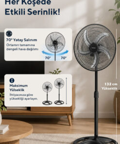 KUMTEL KTF-340 Siyah 18 İnç Sanayi Tipi Vantilatör 3in1 60 W,5 Kanatlı, 3 Kademeli, 132 cm - Görsel 3