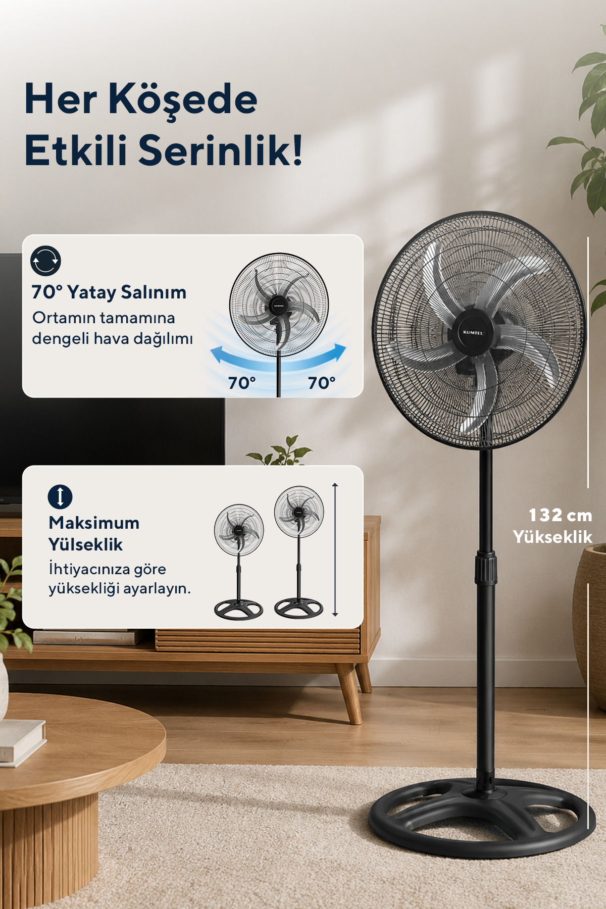 KUMTEL KTF-340 Siyah 18 İnç Sanayi Tipi Vantilatör 3in1 60 W,5 Kanatlı, 3 Kademeli, 132 cm - Görsel 3