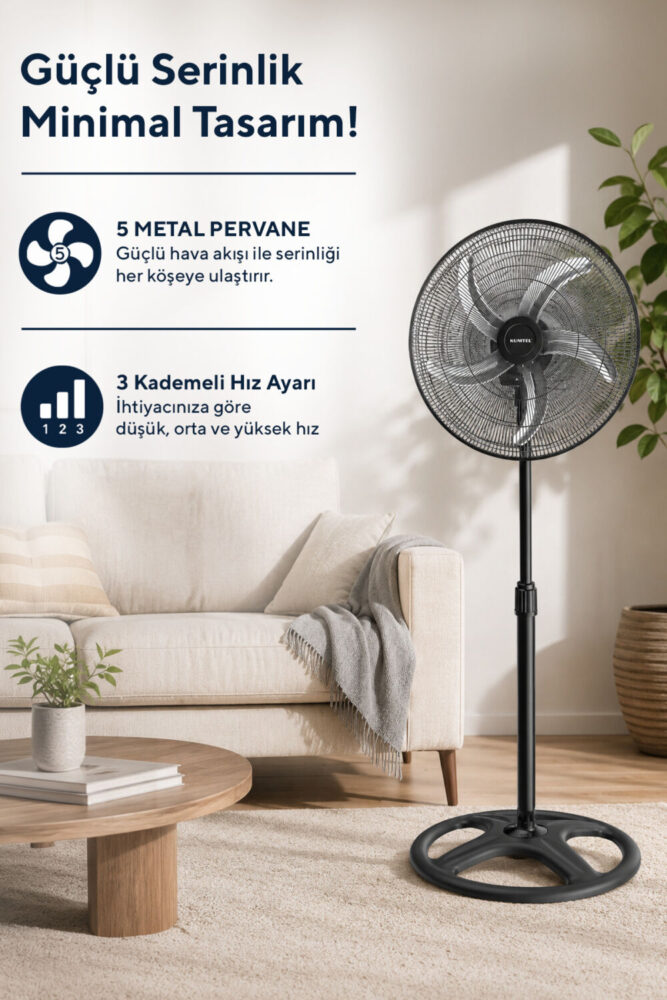 KUMTEL KTF-340 Siyah 18 İnç Sanayi Tipi Vantilatör 3in1 60 W,5 Kanatlı, 3 Kademeli, 132 cm - Görsel 2