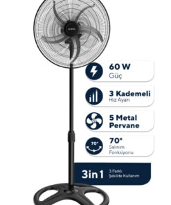KUMTEL KTF-340 Siyah 18 İnç Sanayi Tipi Vantilatör 3in1 60 W,5 Kanatlı, 3 Kademeli, 132 cm