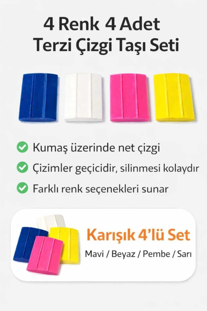 ALBERTOS Terzi Sabun Çizgi Taşı 4 Adet Renkli Kumaş İşaretleme Seti Kolay Silinir - Görsel 3