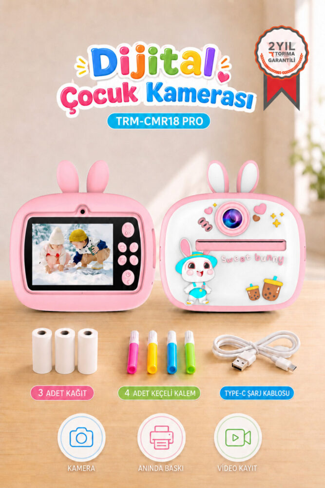 Torima Dijital Fotoğraf Makinesi Çocuk Termal Resim Kağıt Baskılı Yazıcı Kamera Video Makinesi CMR18 Pembe