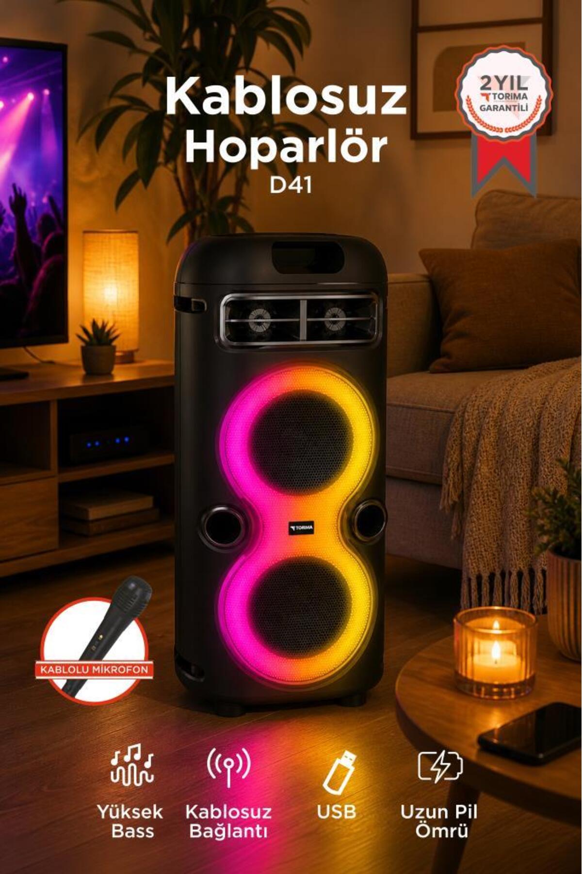 Torima Bluetooth Hoparlör Rgb Işıklı Mikrofonlu Taşınabilir Speaker D41 Siyah