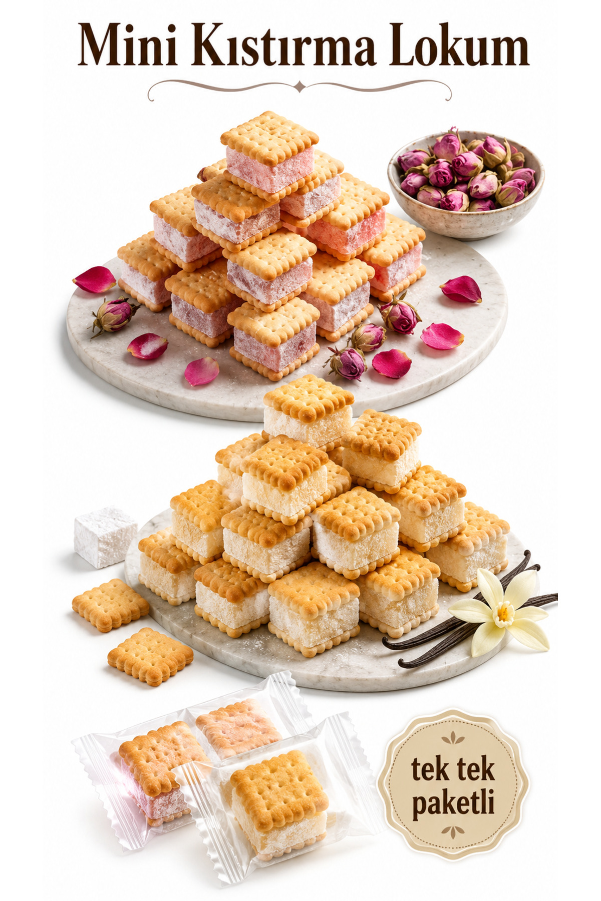 Şener TEK TEK PAKETLİ MİNİ BİSKÜVİ ARASI KISTIRMA LOKUM AVANTAJ PAKET SADE-GÜLLÜ KISTIRMA LOKUM 500 GR X 2