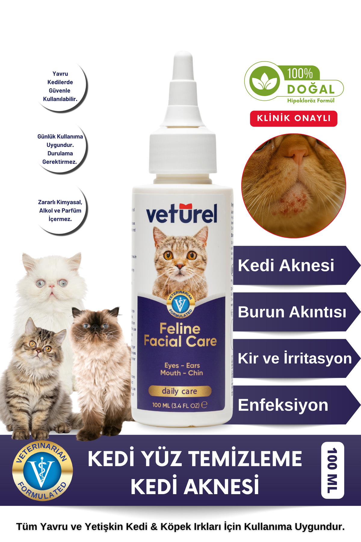 Veturel Kedi Yüz Temizleme Solüsyonu Kedi Aknesi Gözyaşı Lekesi Göz Damlası Akıntı Kaşıntı Bakımı 100ml