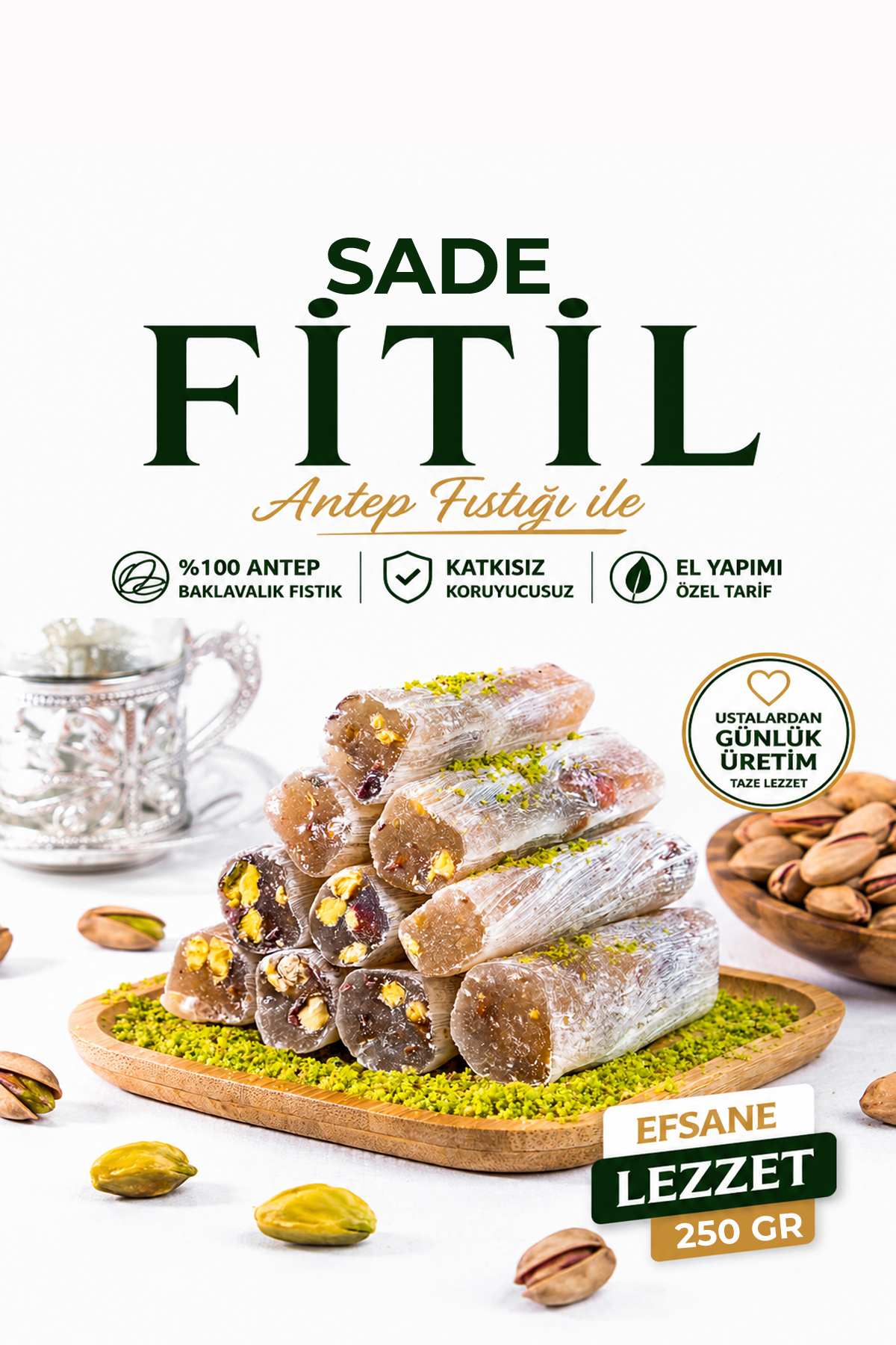 Gaziantep Baharat Sade Fıstıklı Fitil Lokum 250 gr