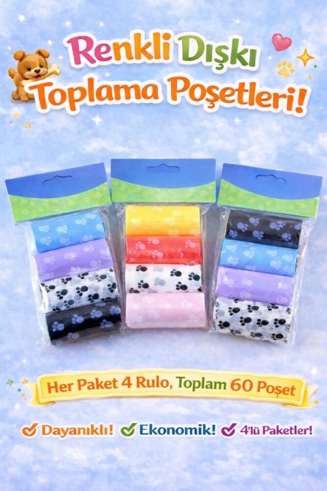 HAYHAYPETSHOP Kedi Köpek Dışkı Toplama Poşeti 4’lü Paket 60 Poşet Dayanıklı Renkli Kakası Poşeti Tuvalet Temizlik - Görsel 2