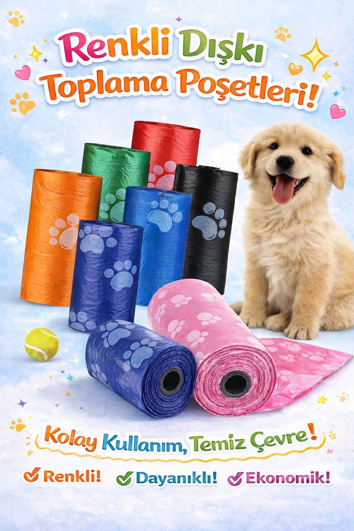 HAYHAYPETSHOP Kedi Köpek Dışkı Toplama Poşeti 4’lü Paket 60 Poşet Dayanıklı Renkli Kakası Poşeti Tuvalet Temizlik