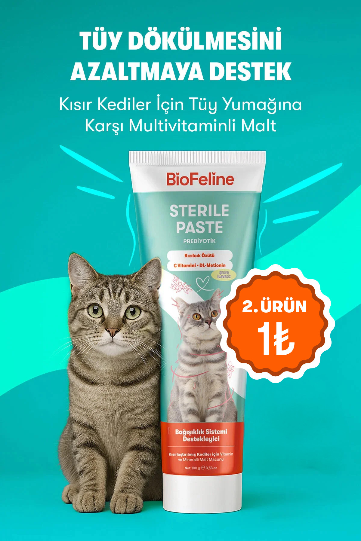 BioFeline Tüy Dökülmesi, Tüy Yumağı ve Kusma Engelleyici Multivitaminli Kısır Kedi Maltı 100g