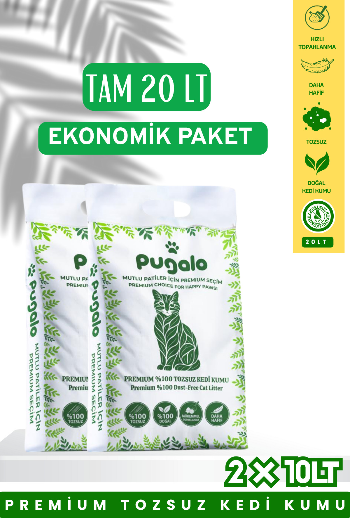 Pugalo Kokusuz Naturel Kedi Kumu 10LT X 2 Adet