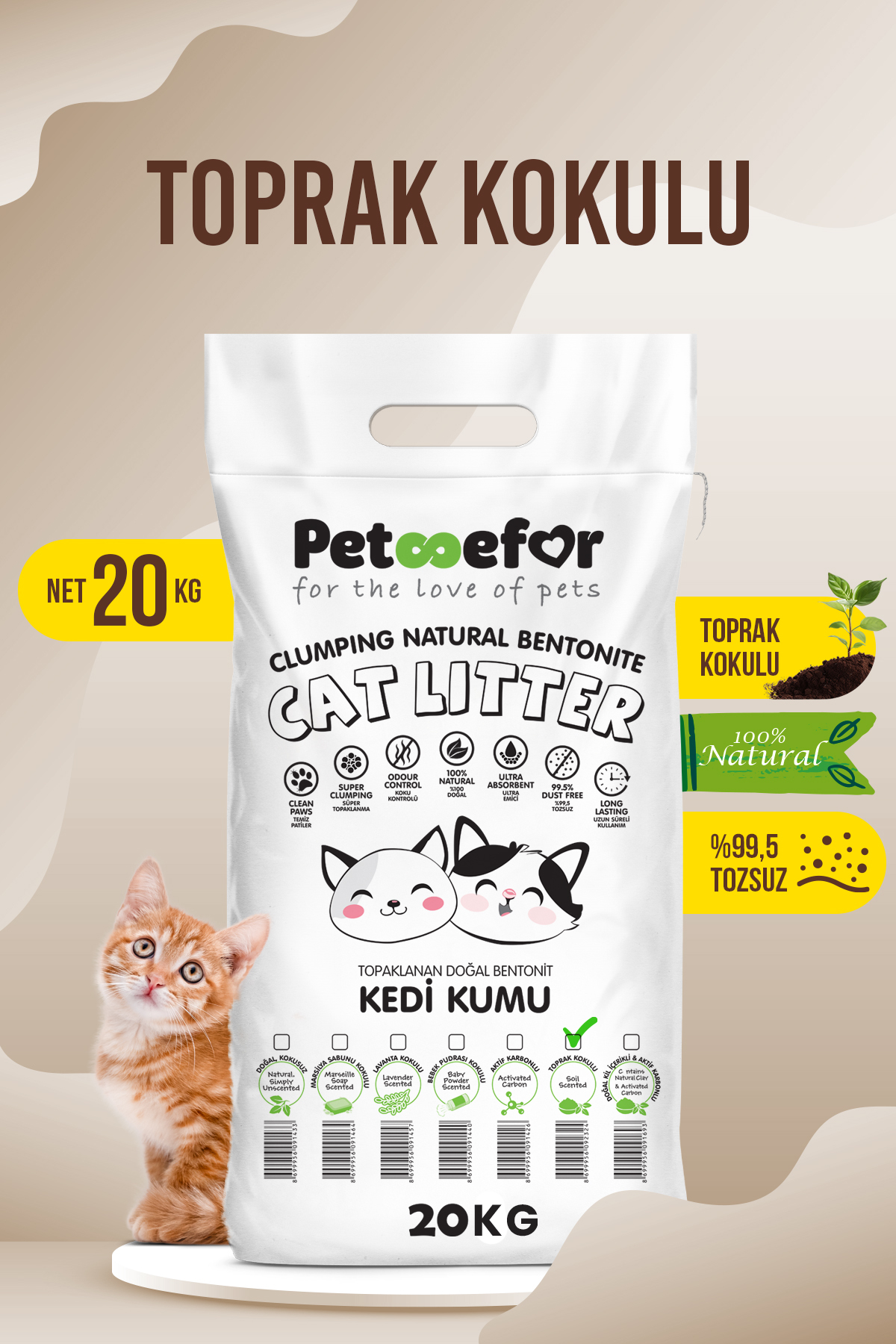 Petefor 20 KG Toprak Kokulu Yeni Nesil Organik Kahverengi Kedi Kumu