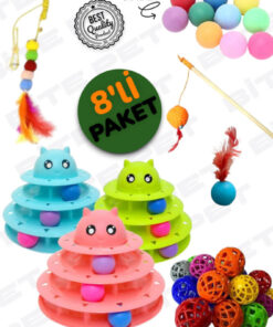 bite pet 8'Lİ OYUN SETİ: YAPIŞKAN OLTA+3 KATLI KEDİ OYUNCAĞI+TÜYLÜ TOP+KEDİ OLTASI+ZİLLİ TOP+ 3ADET OYUN TOPU