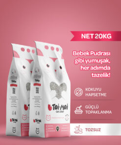 Toi Moi 2'li Avantajlı Paketi Tozsuz, Topaklanan, Emiciliği Yüksek Bebek Pudralı Bentonit Kedi Kumu 2x10Kg
