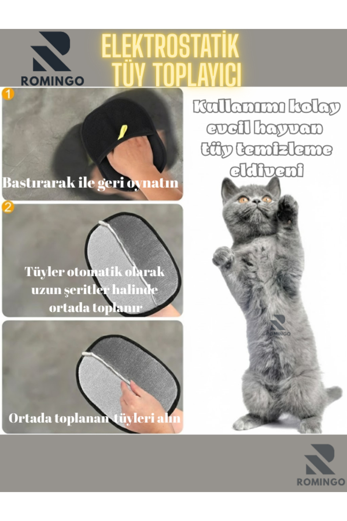 Romingo Kedi Köpek Kıyafet Koltuk Tüy,Toz,Tiftik Toplama Eldiven Yıkanabilir Tüy Temizleme - Görsel 3