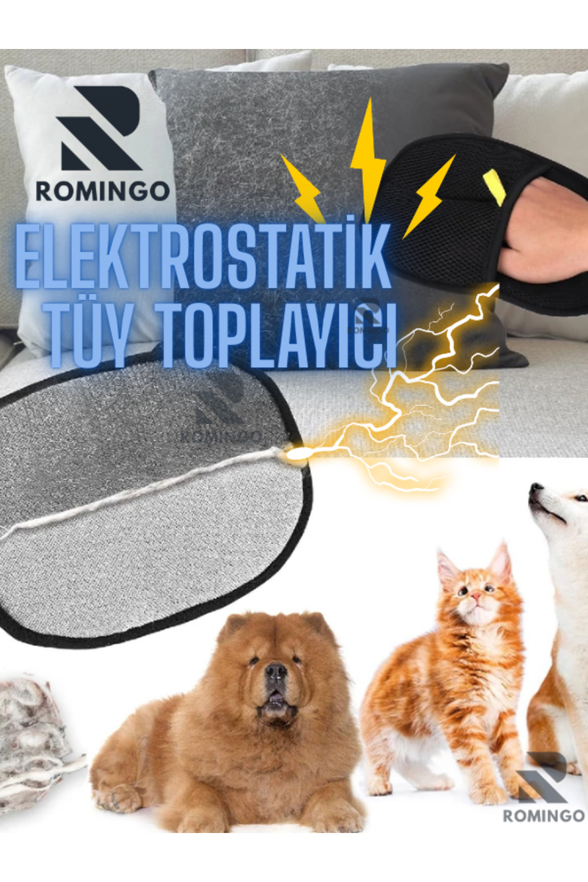 Romingo Kedi Köpek Kıyafet Koltuk Tüy,Toz,Tiftik Toplama Eldiven Yıkanabilir Tüy Temizleme