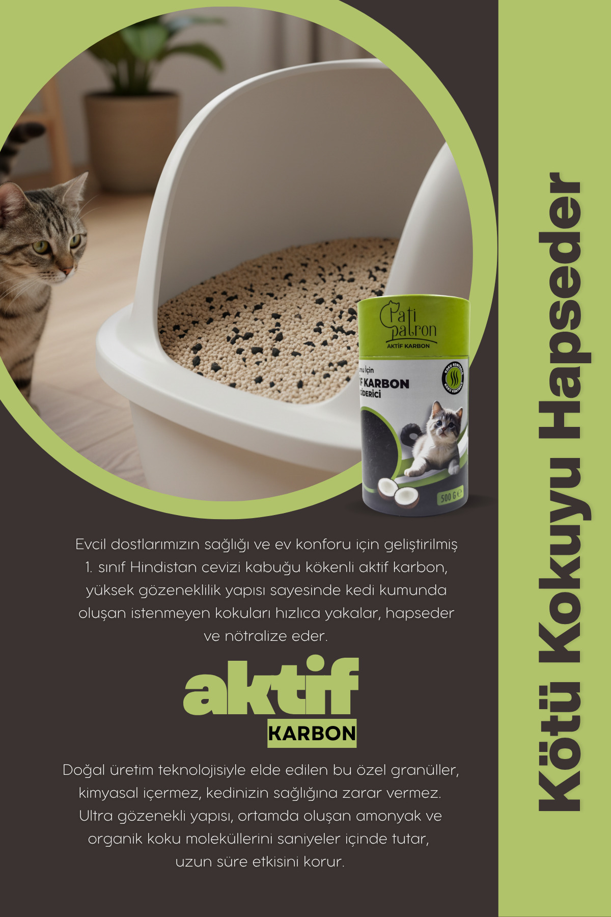 Patipatron Aktif Karbon Granül 500 GR – Kedi Kumu Koku Giderici ve Önleyici | Doğal Koku Hapseden Granül - Görsel 3